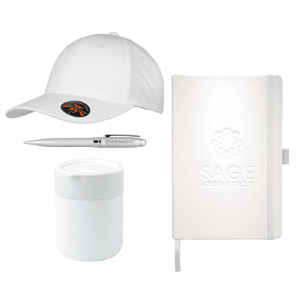 A white cap, a silver pen, a white mug, and a white notebook with a logo.