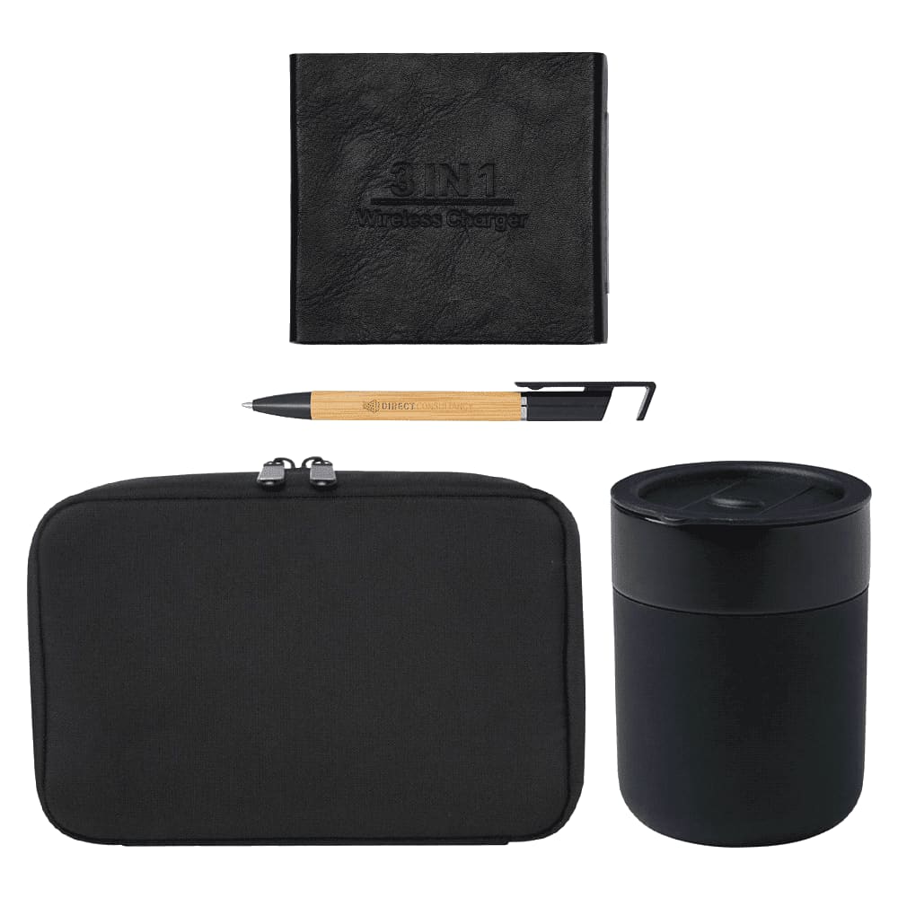 A black tech kit featuring a wireless charger, pen, and a sleek container. Includes a zipped pouch for storage.