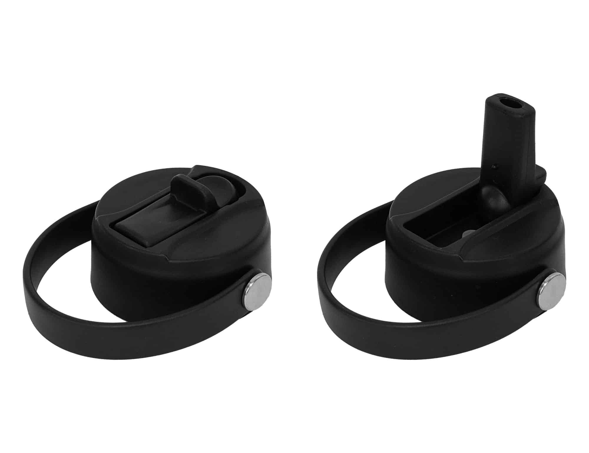 A drink bottle lid set, featuring two black lids with spouts and carrying handles. Suitable for drinkware.