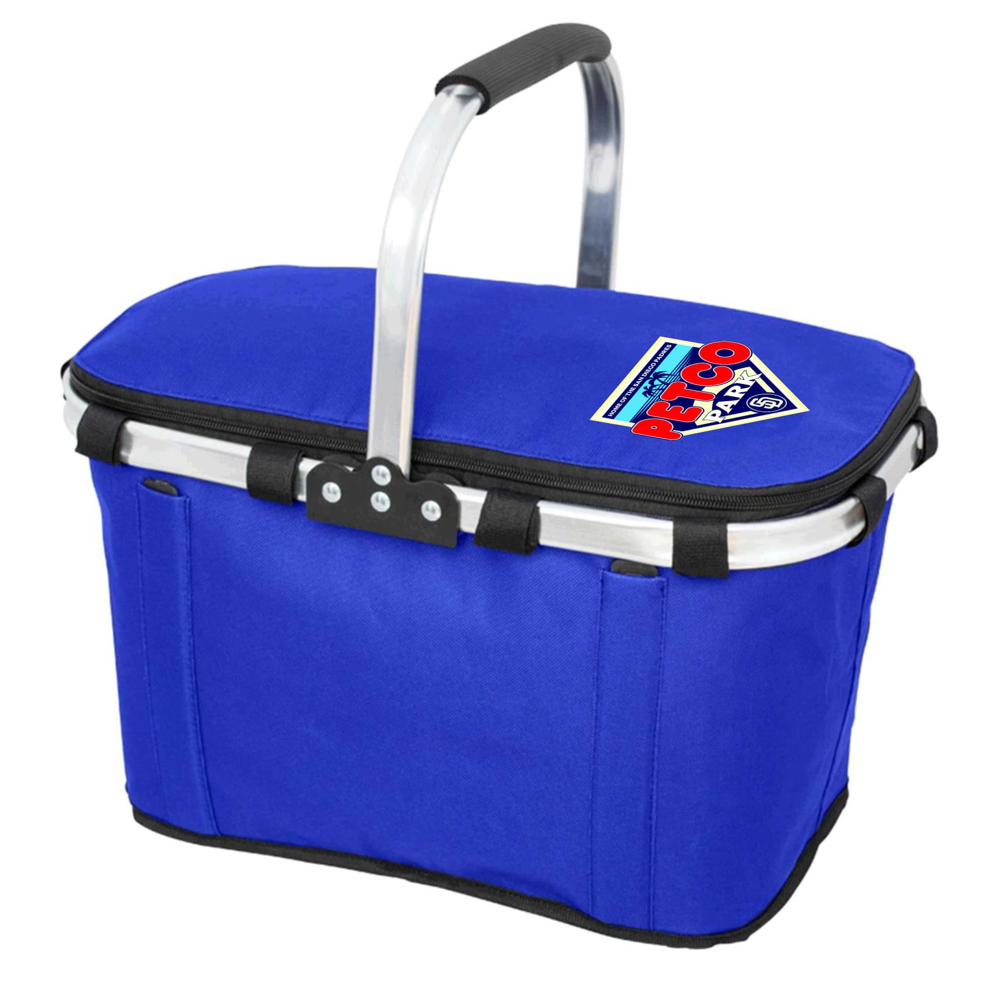 A blue picnic cooler bag with a sturdy handle and a logo on the side, featuring a zippered closure.