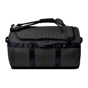 A black duffle bag with a padded shoulder strap and carrying handles, featuring a logo on the side.