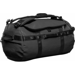 A black duffle bag with a sturdy design, featuring handles and straps, and a logo on the side.