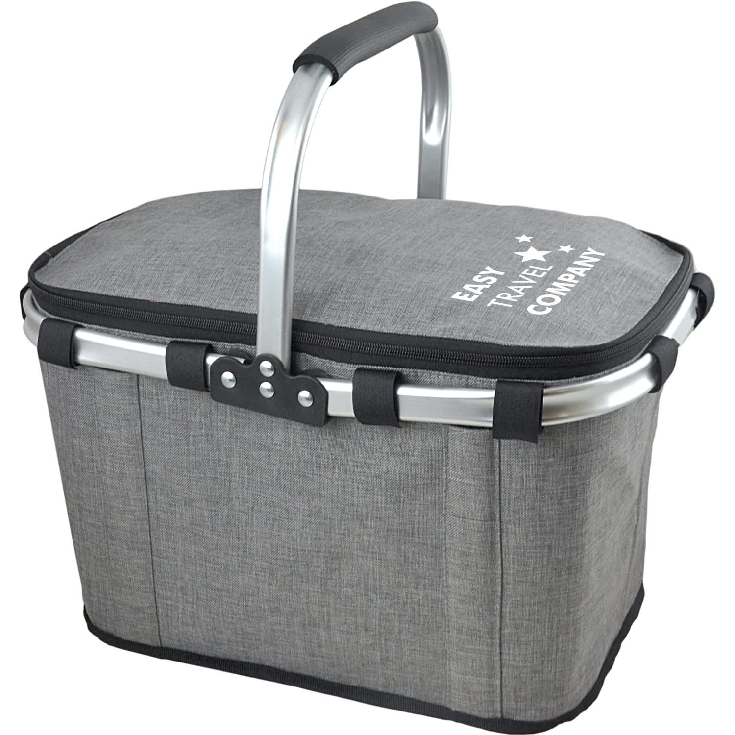 A grey picnic cooler with a foldable handle and an aluminium frame, featuring a logo on the top.