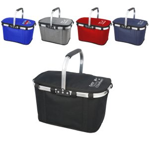 A cooler bag featuring a durable handle, available in black, grey, blue, red, and dark blue, with a logo.