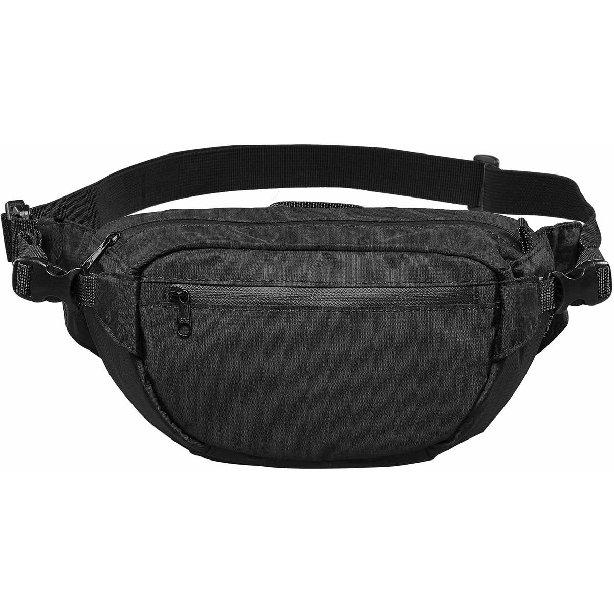 A black bum bag with a zippered compartment and adjustable strap, featuring branding on the exterior.