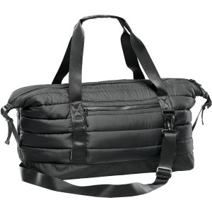 A black quilted duffle bag with padded sections, featuring handles and a detachable strap, includes a logo.