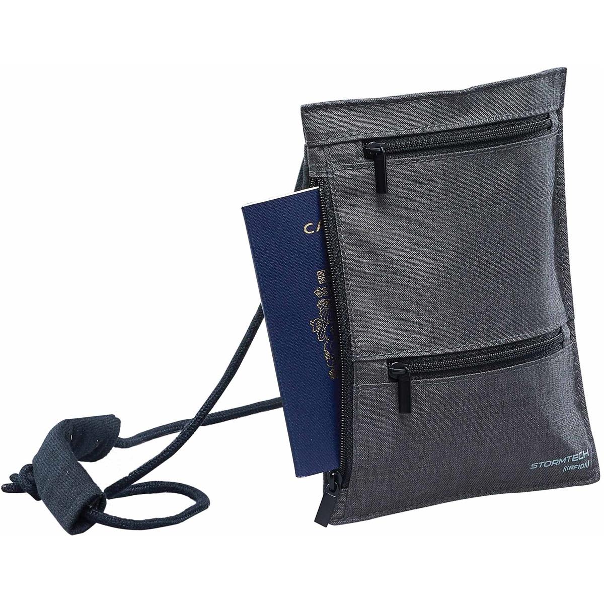 A grey sling bag with two zipped pockets and a passport partially inserted in one pocket. It features a logo.