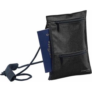 A black RFID passport sling bag with multiple zippered pockets, holding a passport and featuring a logo.