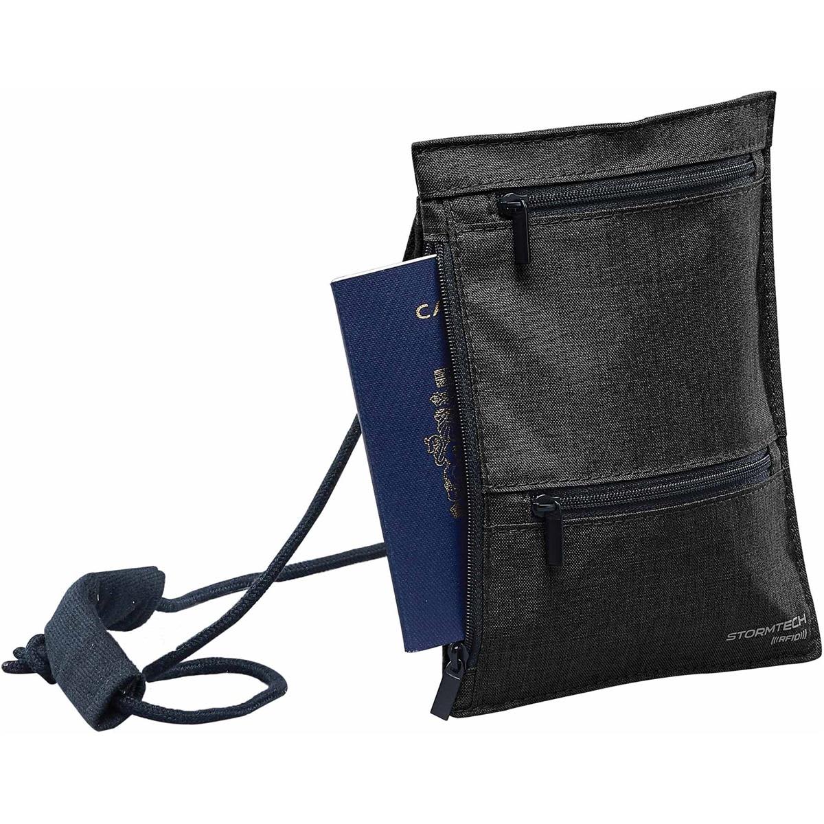 A black RFID passport sling bag with multiple zippered pockets, holding a passport and featuring a logo.