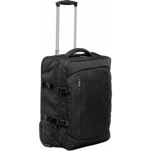 A black wheeled carry-on bag with a retractable handle and zippers, featuring straps and a logo.