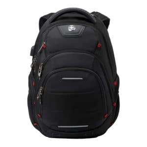 A black Swissdigital Neptune backpack featuring multiple compartments and zippers, with red accents and a logo.