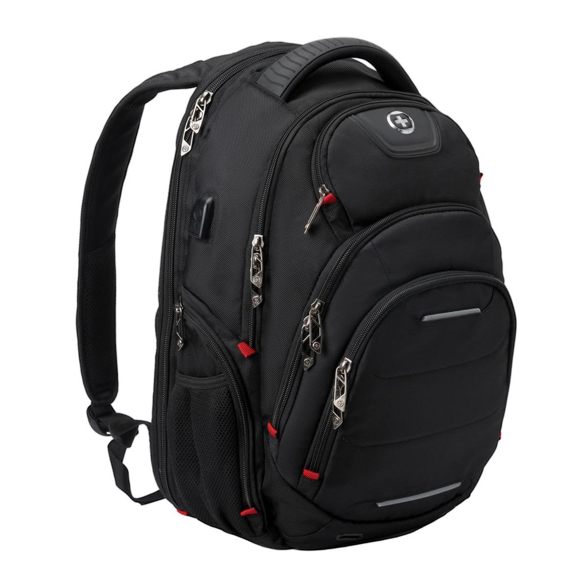 A black Swissdigital Neptune Backpack with multiple zippers, compartments, and a logo on the front.