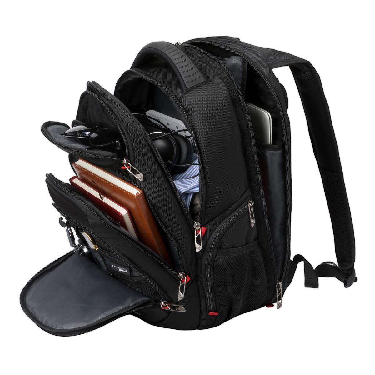 A black backpack with multiple compartments, featuring storage for a laptop, documents, and other accessories.