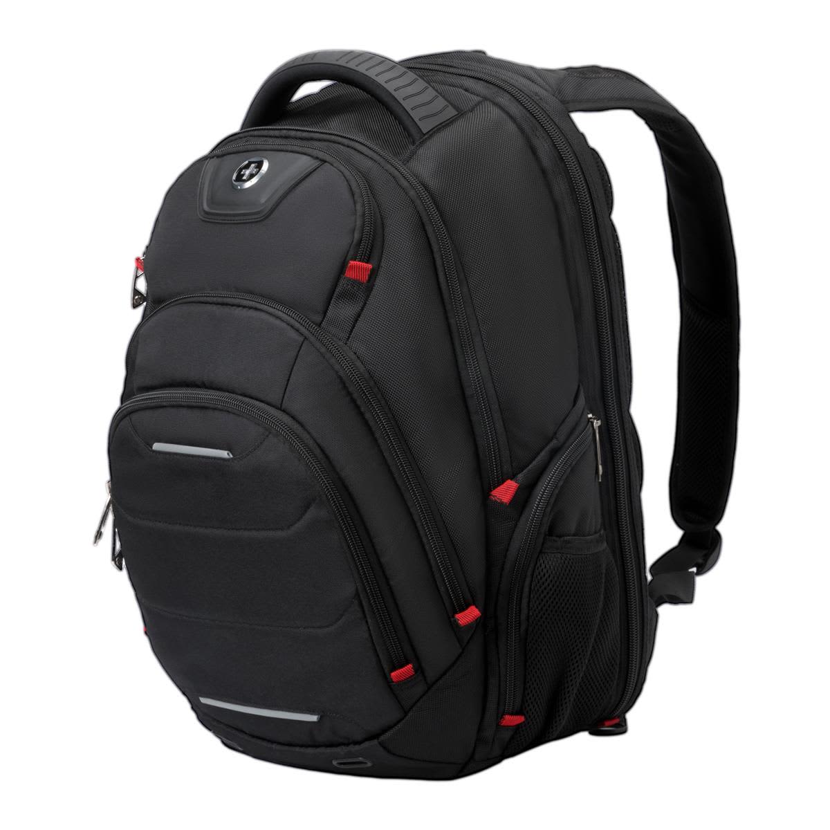 A black backpack with red accents, featuring multiple compartments and a logo, designed for versatile use.