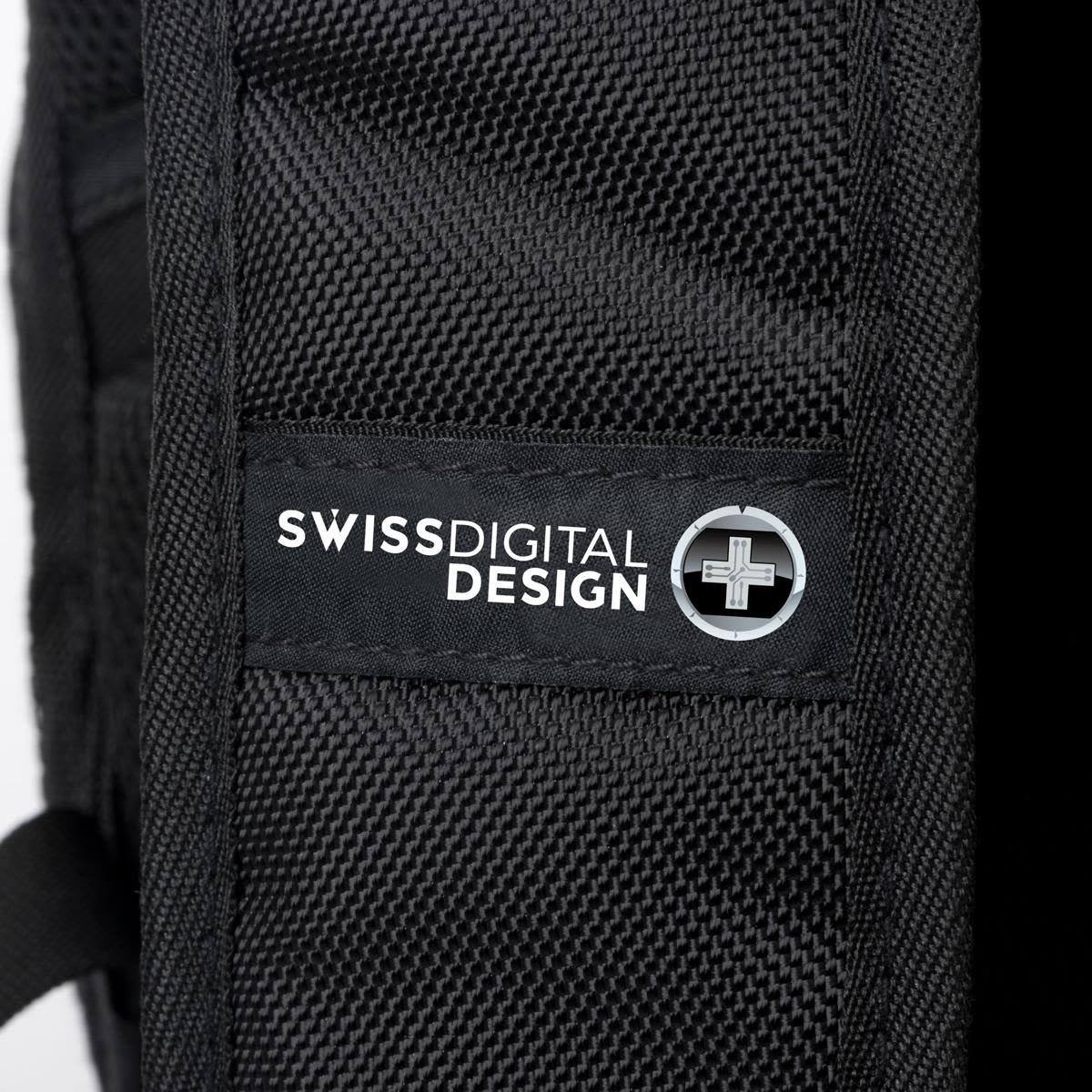 A black backpack with a textured surface and a logo on the side.