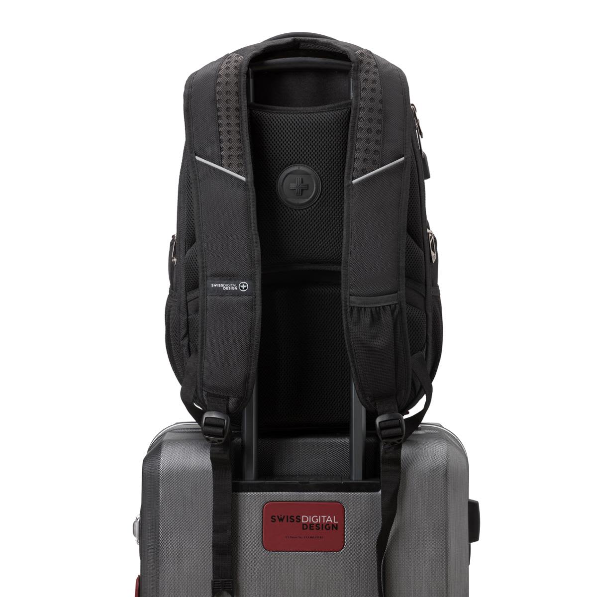A black Swissdigital Neptune Backpack displaying padded straps and mesh detailing, designed for easy transport on luggage.