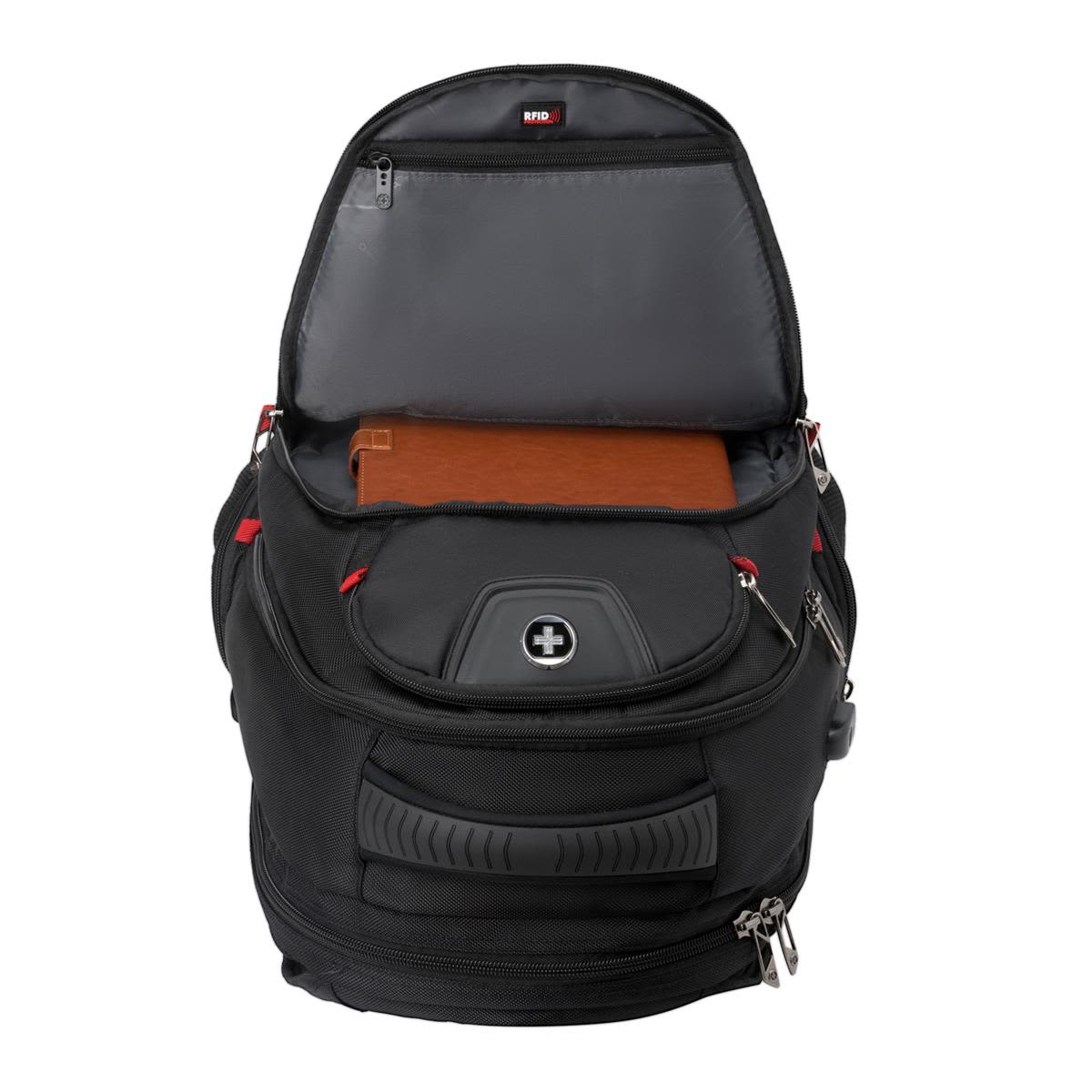 A black backpack with an open top revealing a compartment for a notebook and additional pockets. It features a logo.