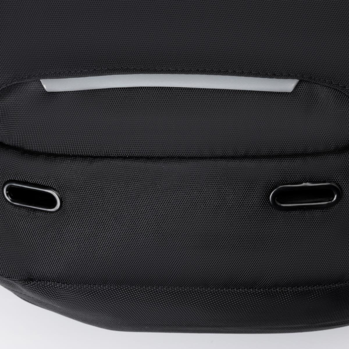 A black backpack featuring a sleek design with dual openings and a logo.