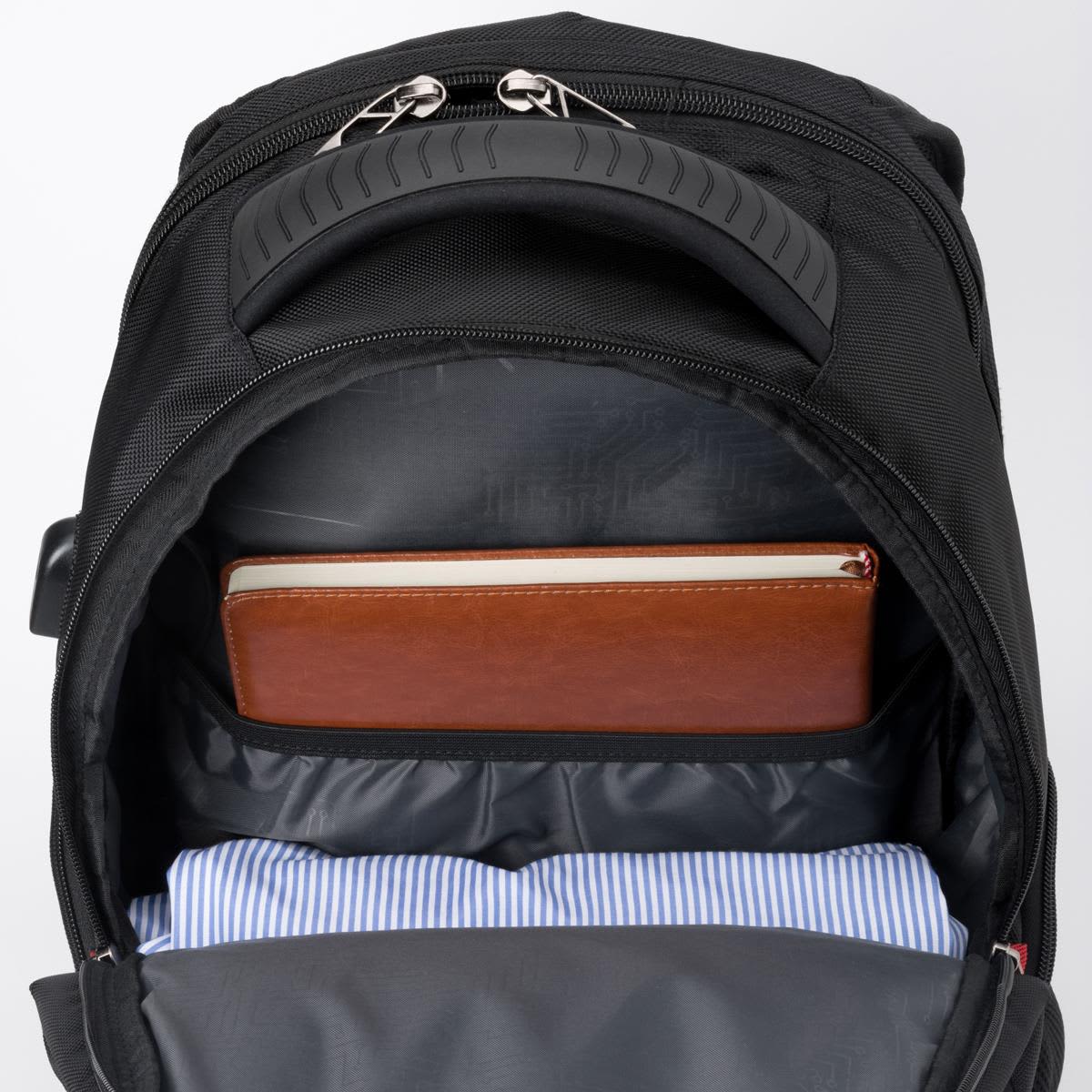 A black backpack with a padded interior, featuring a notebook and a folded shirt inside. It includes a logo.