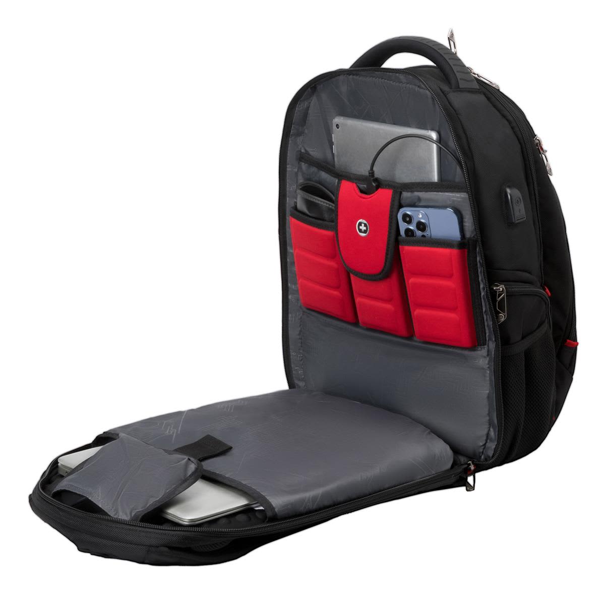A black backpack with red accents, featuring multiple compartments for devices and accessories.