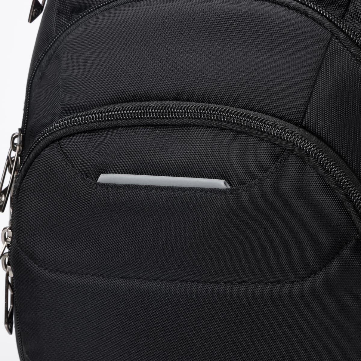 A black backpack featuring multiple zippered compartments and a sleek design. It has a logo on the exterior.