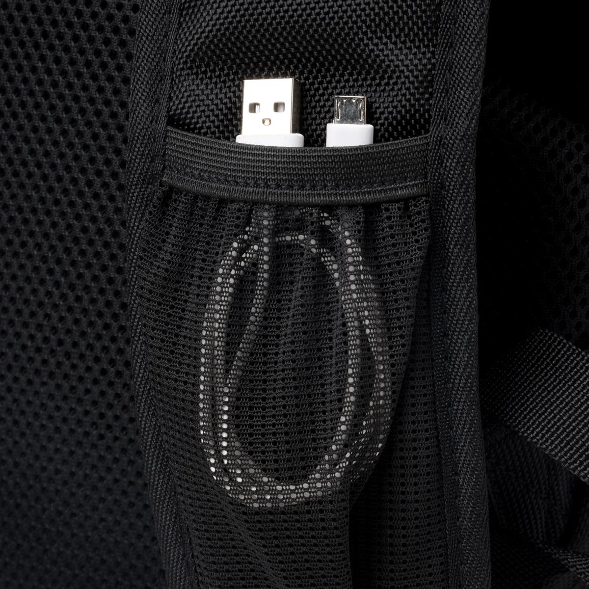 A black backpack featuring a mesh pocket containing USB and micro USB cables. It has a logo.