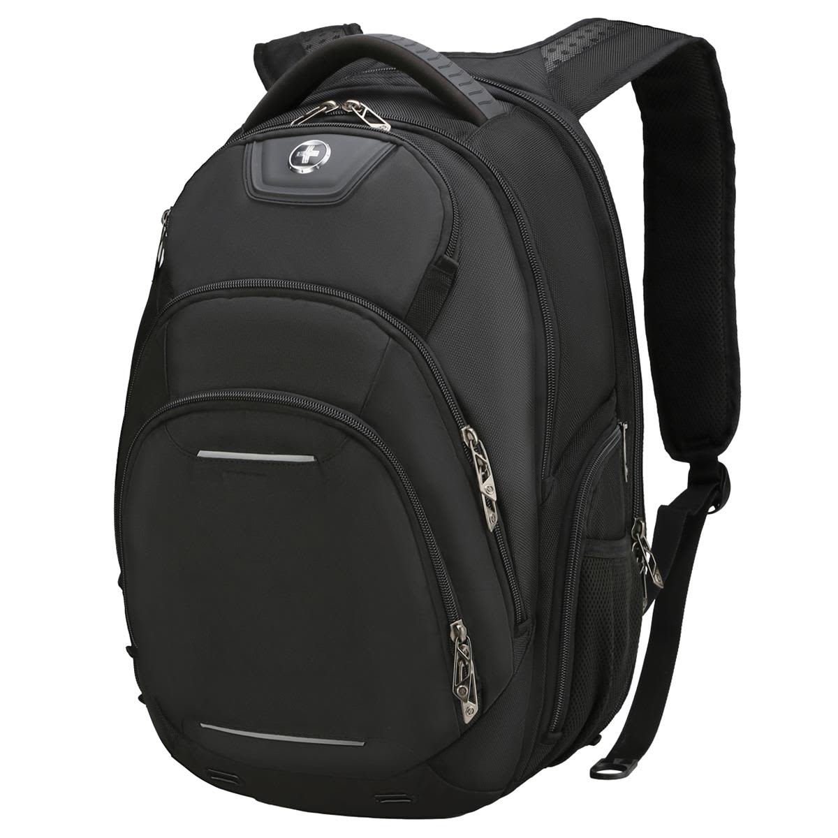 A black backpack with multiple compartments and zippers, featuring padded shoulder straps and a logo.