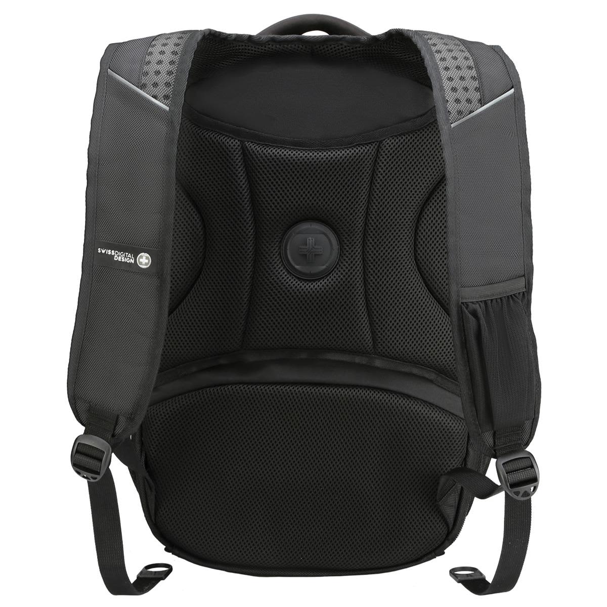 A black backpack with padded back support and adjustable straps, featuring a logo and side pocket.