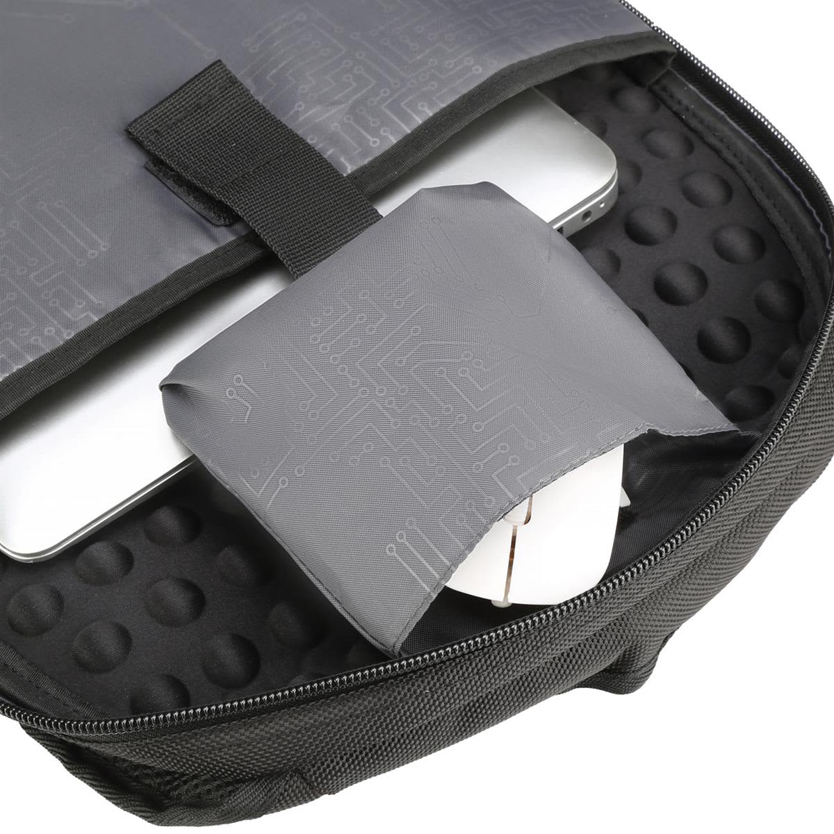 A close-up of a black backpack interior, featuring a laptop and a grey pouch with a circuit pattern.