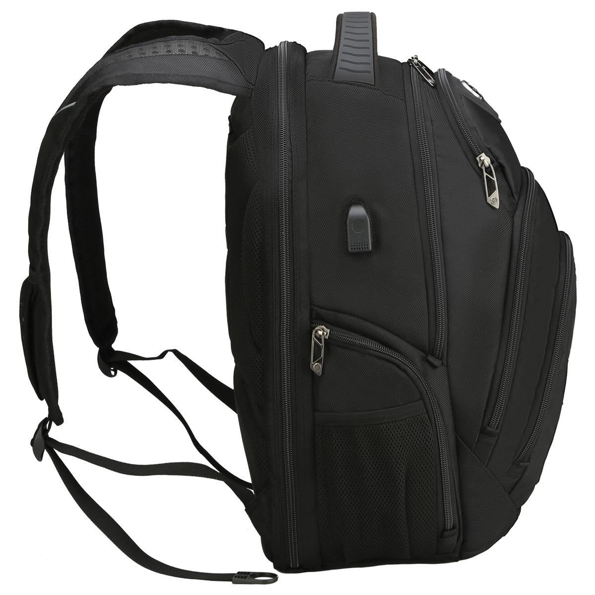 A black backpack featuring multiple zipped compartments and padded shoulder straps, with a logo displayed.