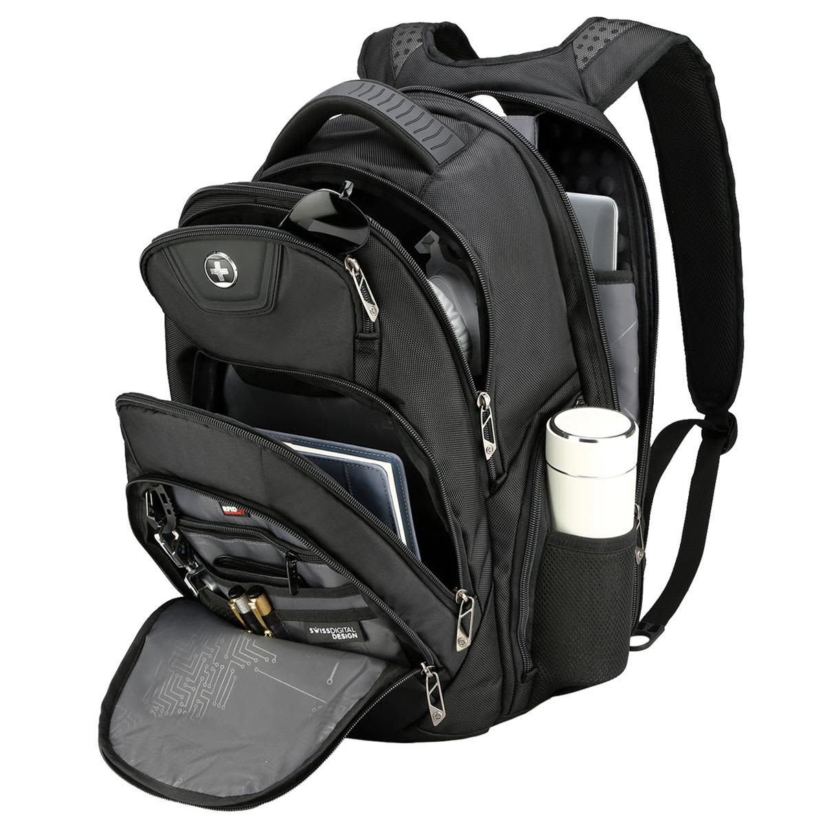 A black backpack with multiple compartments, featuring a drink bottle pocket and a logo.