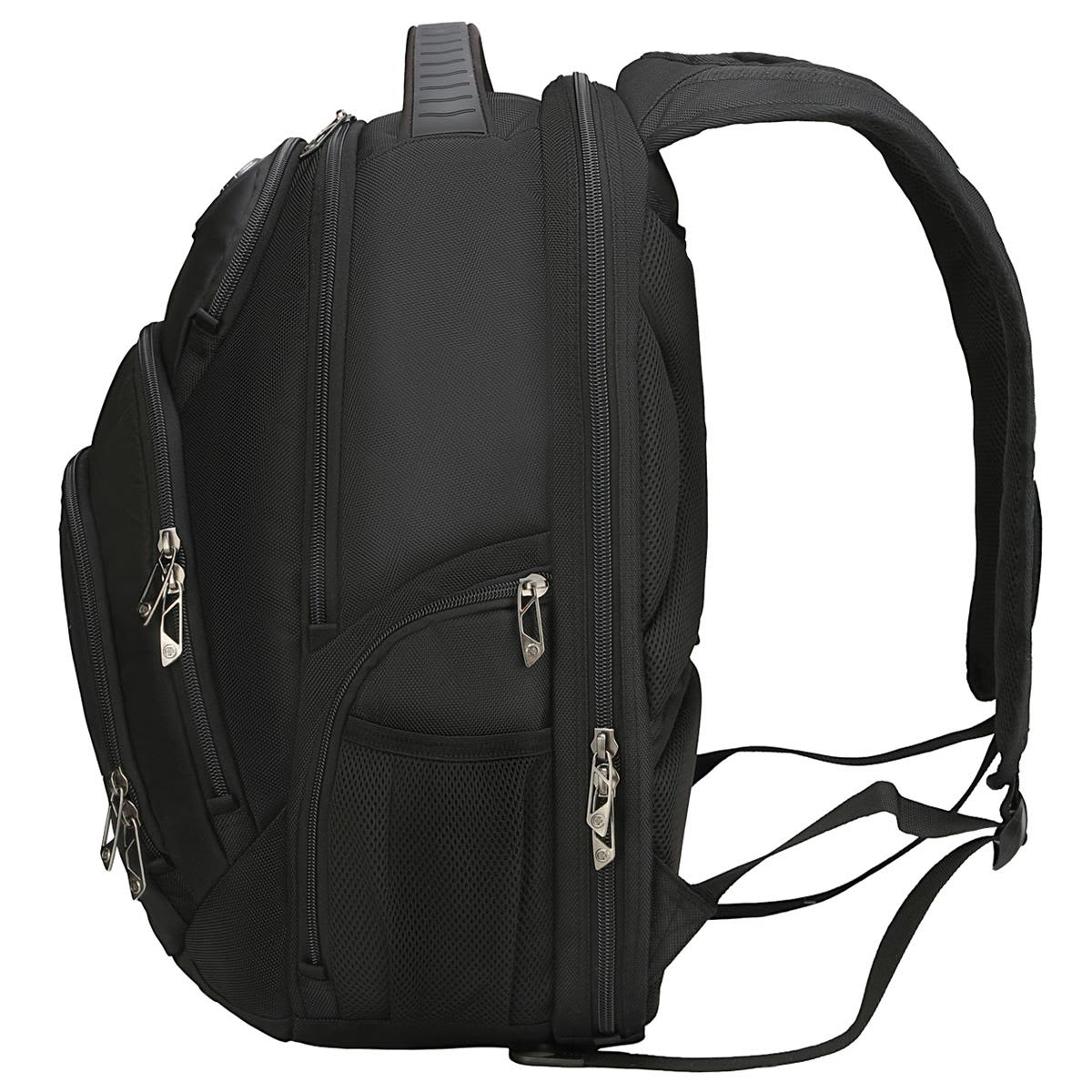 A black backpack with multiple zippers and compartments, featuring padded shoulder straps and a branding logo.