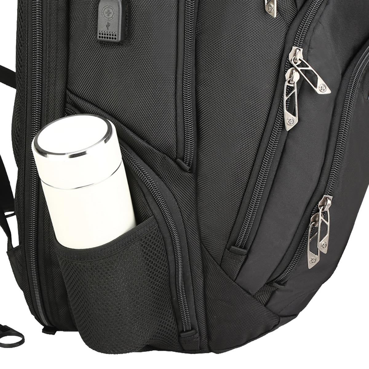 A black backpack with a white drink bottle in a side pocket, featuring multiple zipped compartments and a logo.