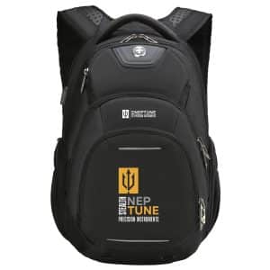 A black backpack featuring a logo, with multiple compartments and padded shoulder straps.