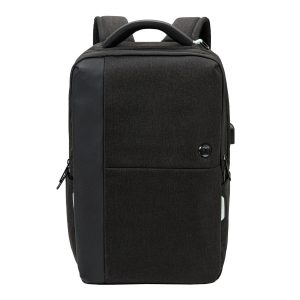 A black backpack with a sleek design, featuring a front pocket and a handle on top. It has a branding logo.
