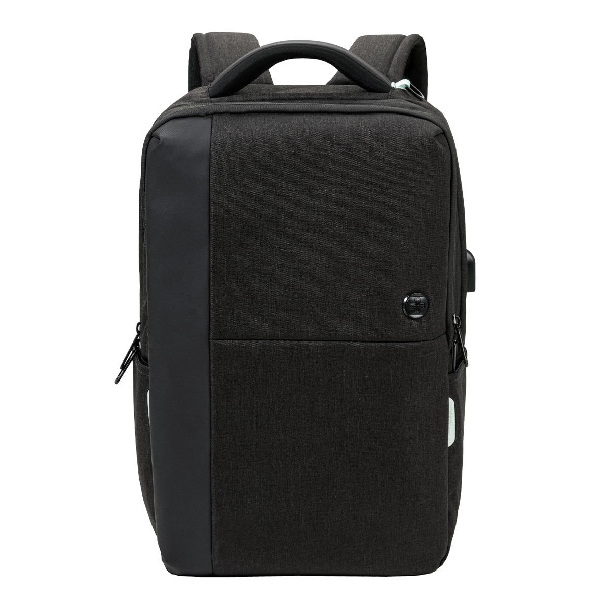 A black backpack with a sleek design, featuring a front pocket and a handle on top. It has a branding logo.