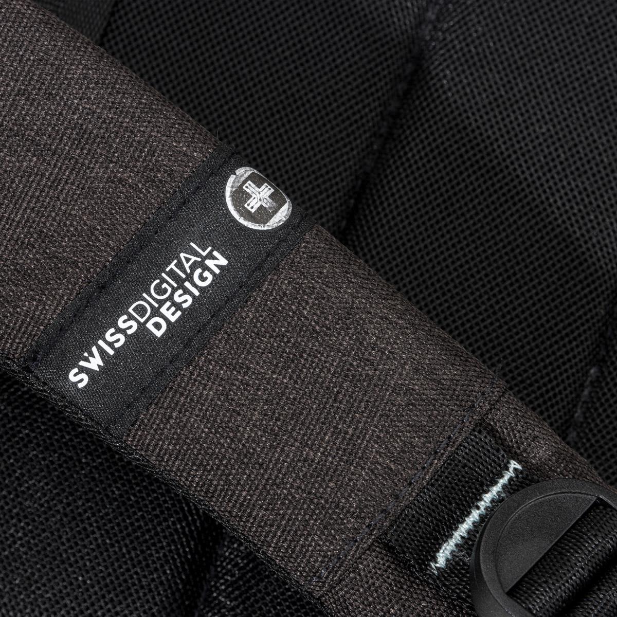 A black Swissdigital Arosa Backpack featuring textured fabric and a branded strap.