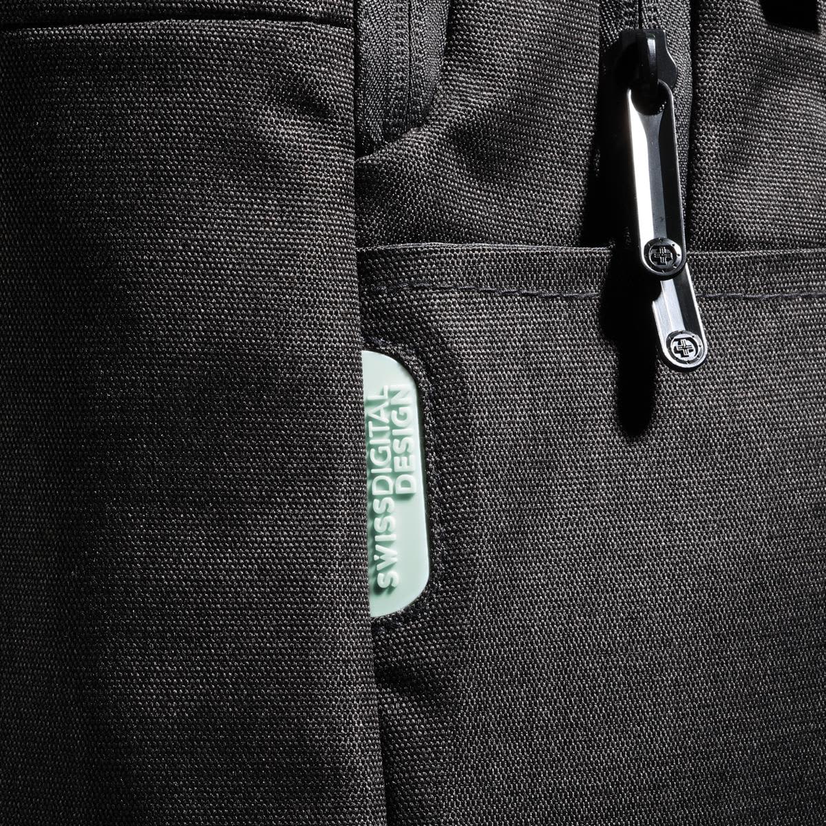 A black backpack featuring multiple compartments and a logo, made from durable material.