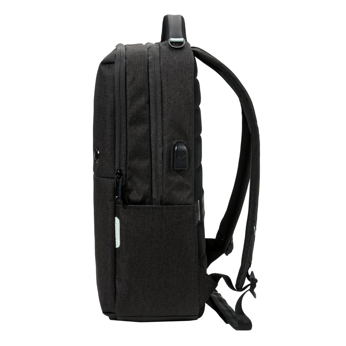 A dark grey backpack with padded straps, featuring multiple compartments and a logo on the side.