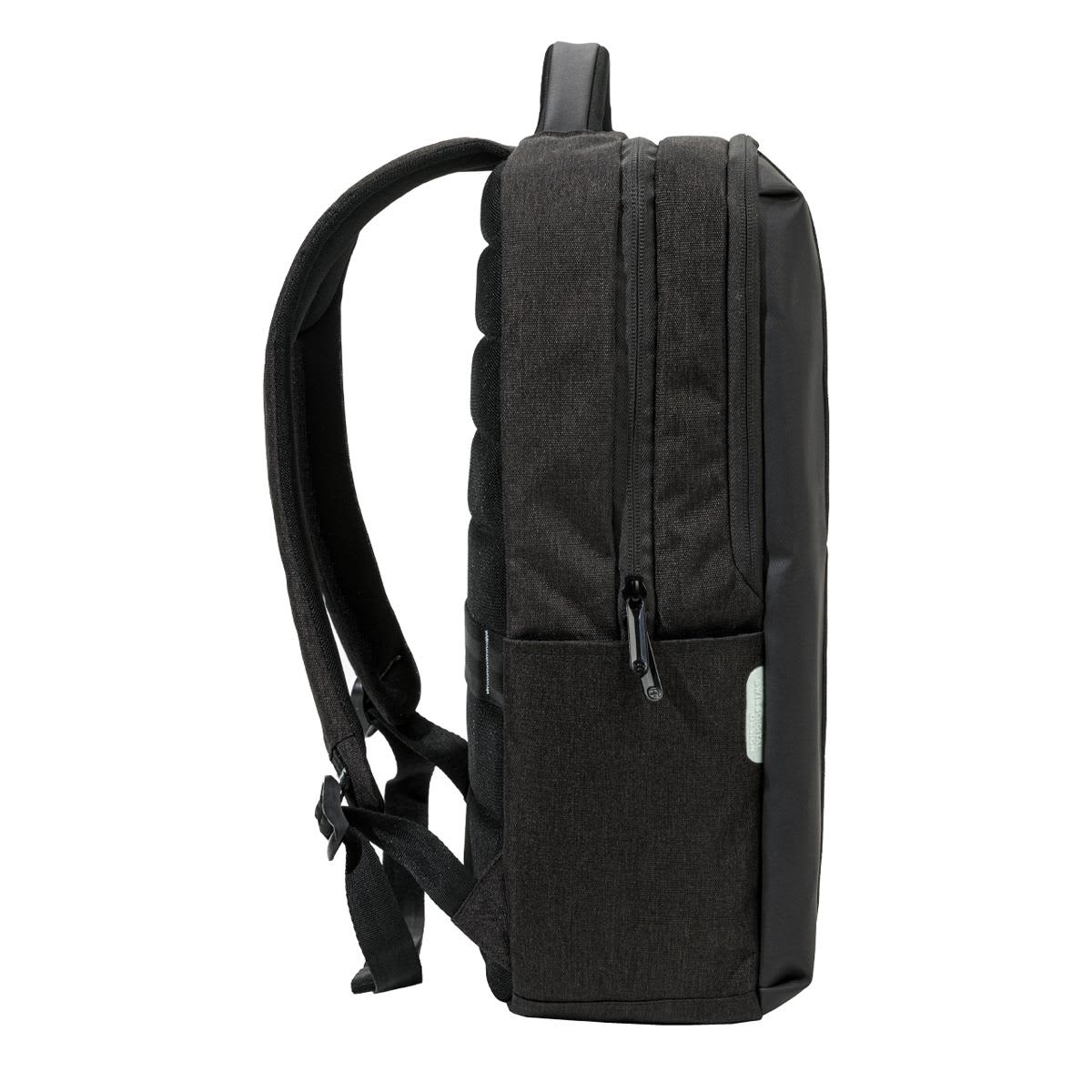 A black Swissdigital Arosa Backpack featuring padded straps and a side pocket, with a sleek, modern design.