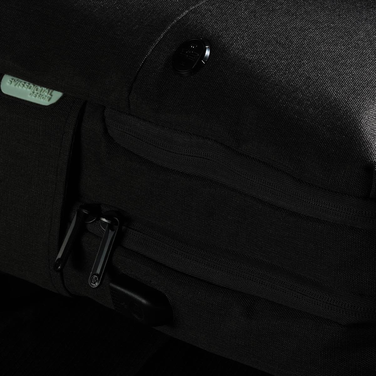 A black backpack featuring zippers and a small logo, showcasing a textured fabric design.