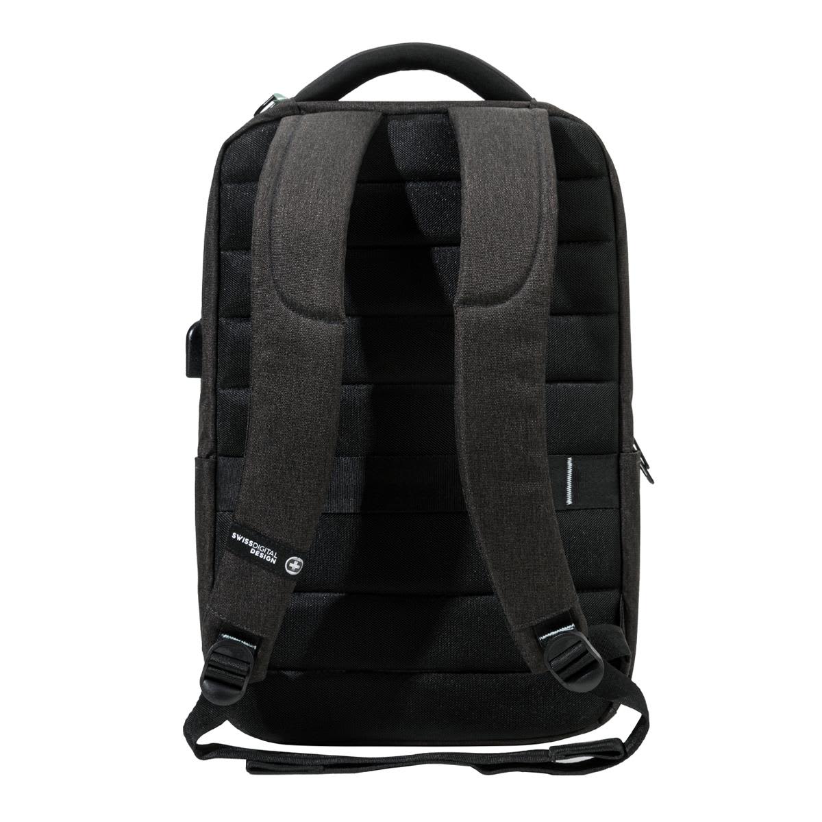 A black Swissdigital Arosa Backpack featuring padded straps and a sleek design, with a branding logo on the side.