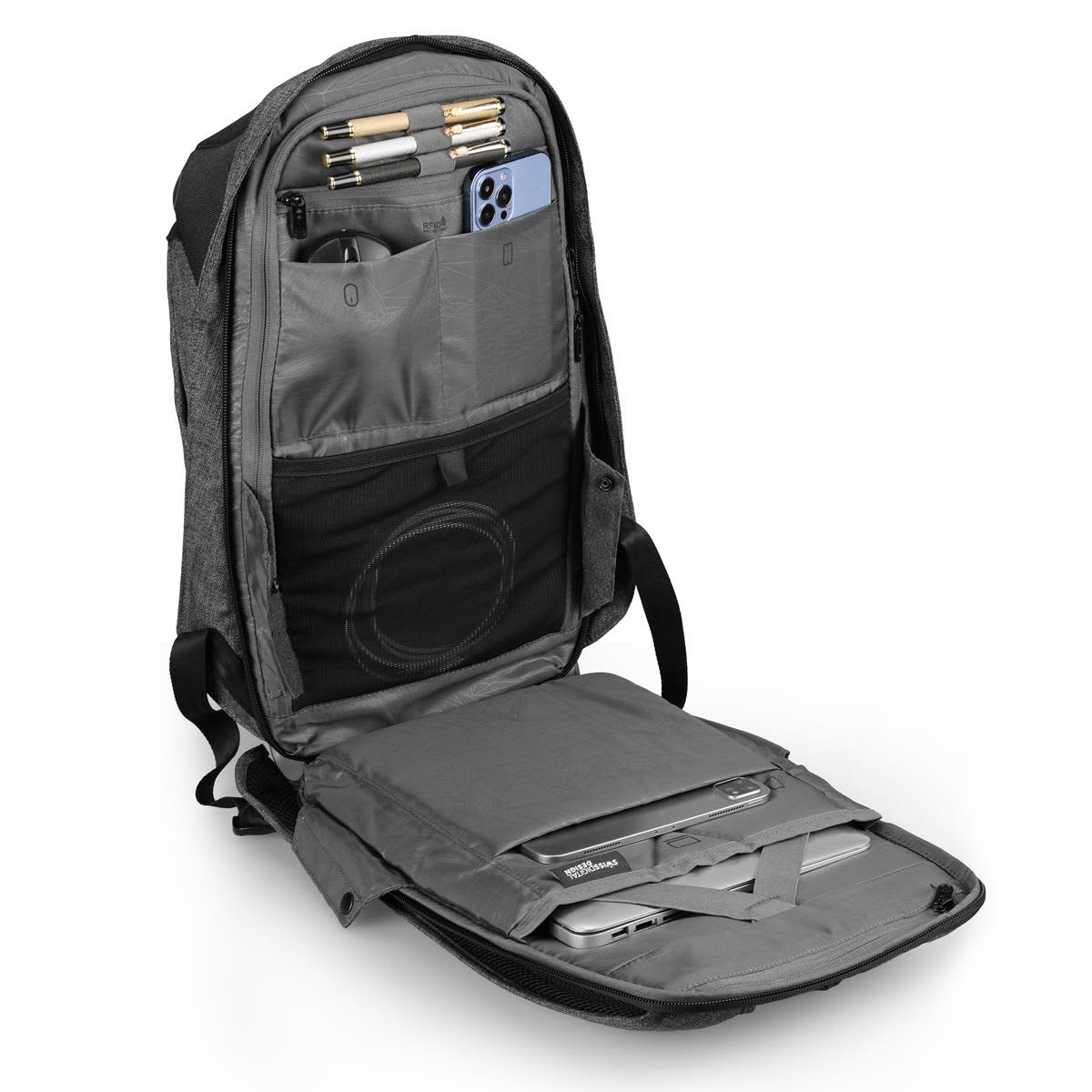 A grey backpack with multiple compartments, including space for a laptop and pockets for pens and a phone.