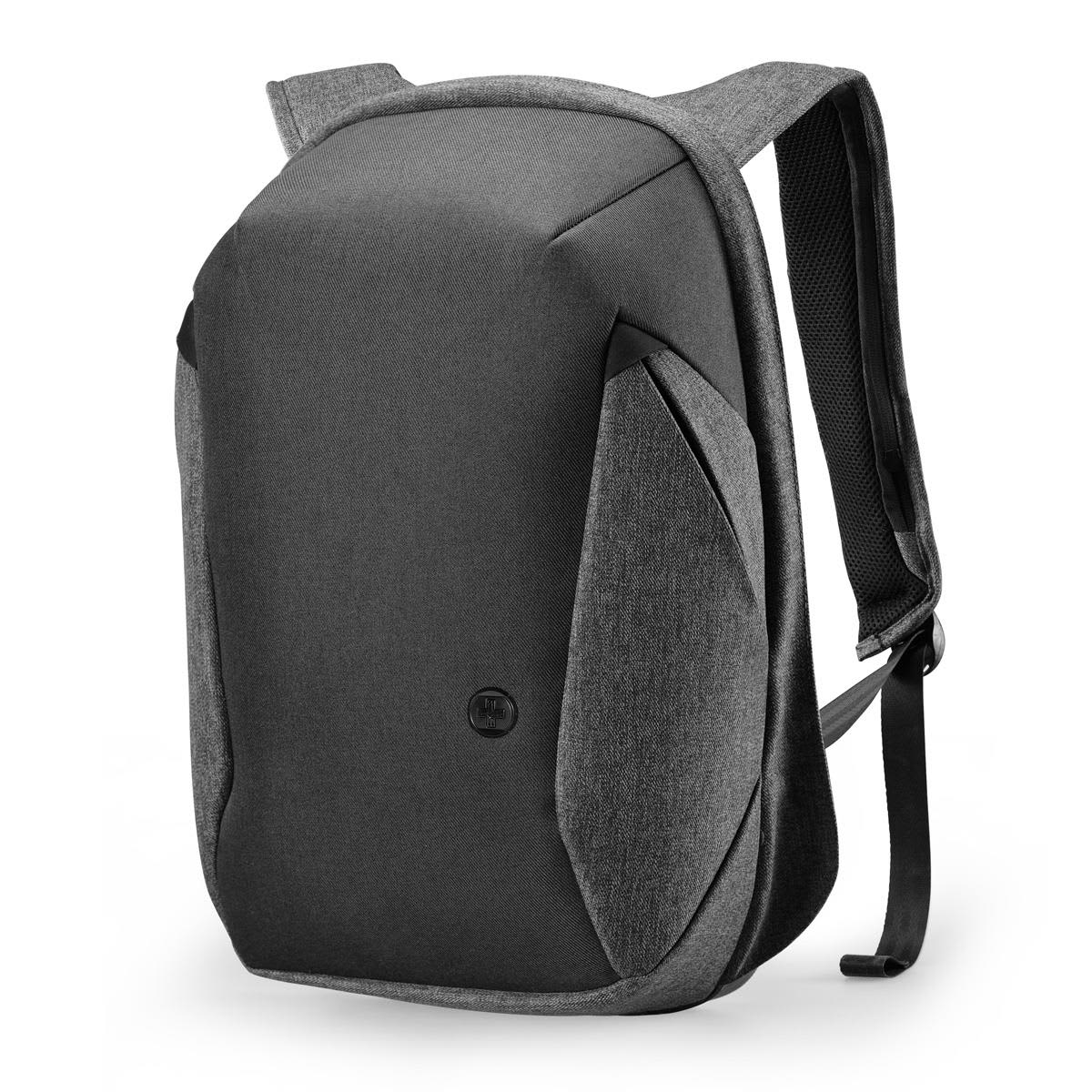 A sleek black and grey backpack with padded shoulder straps and a logo. Ideal for everyday use.