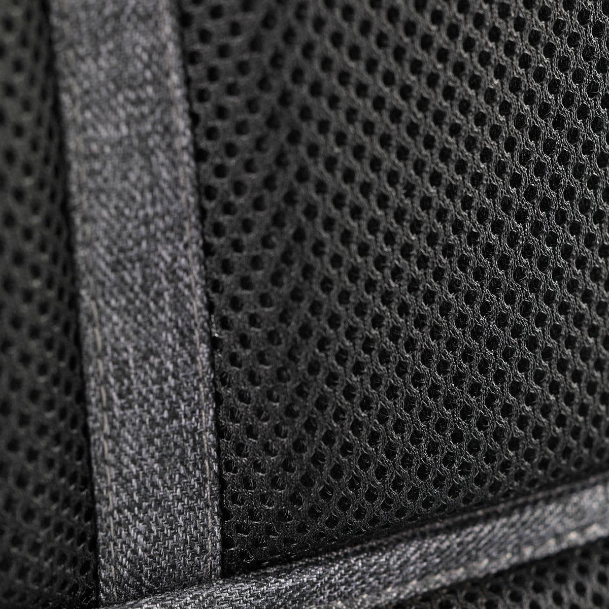 Black mesh fabric detail with stitching from a backpack, featuring a textured pattern and reinforcement tape.