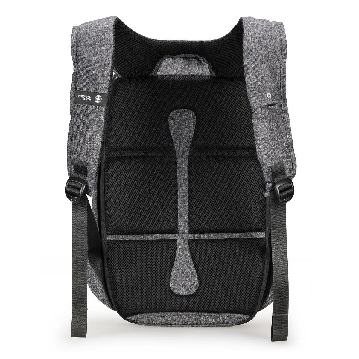 A grey Swissdigital Cosmo 3.0 Backpack featuring padded mesh back support and adjustable straps.