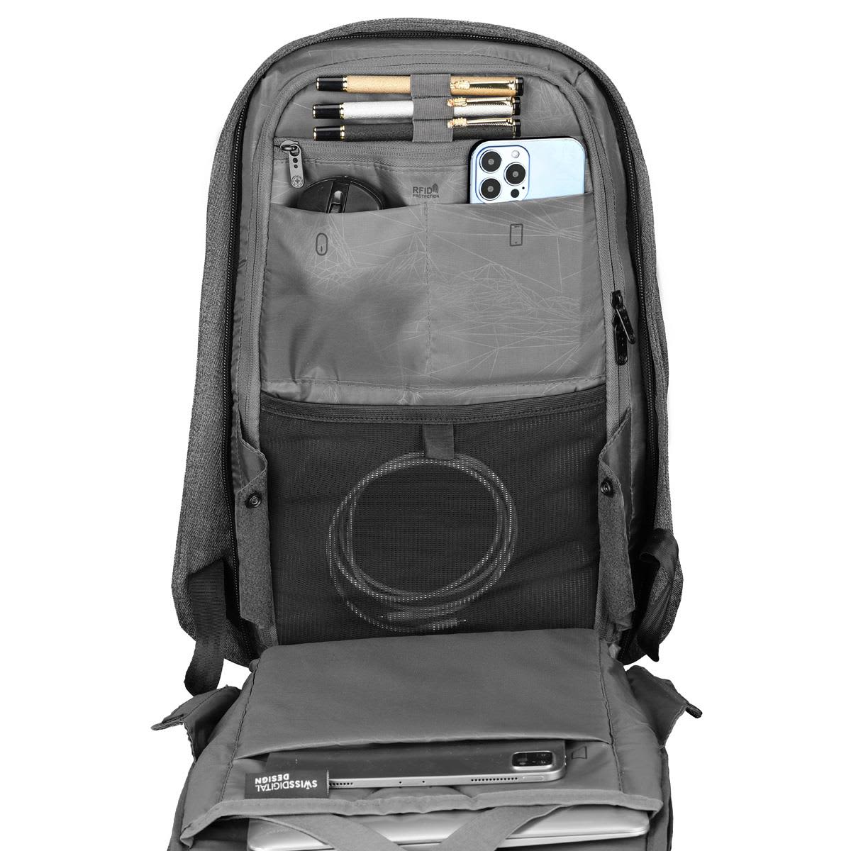 A grey backpack interior with compartments for pens, a phone, cables, and a laptop. It includes a logo.