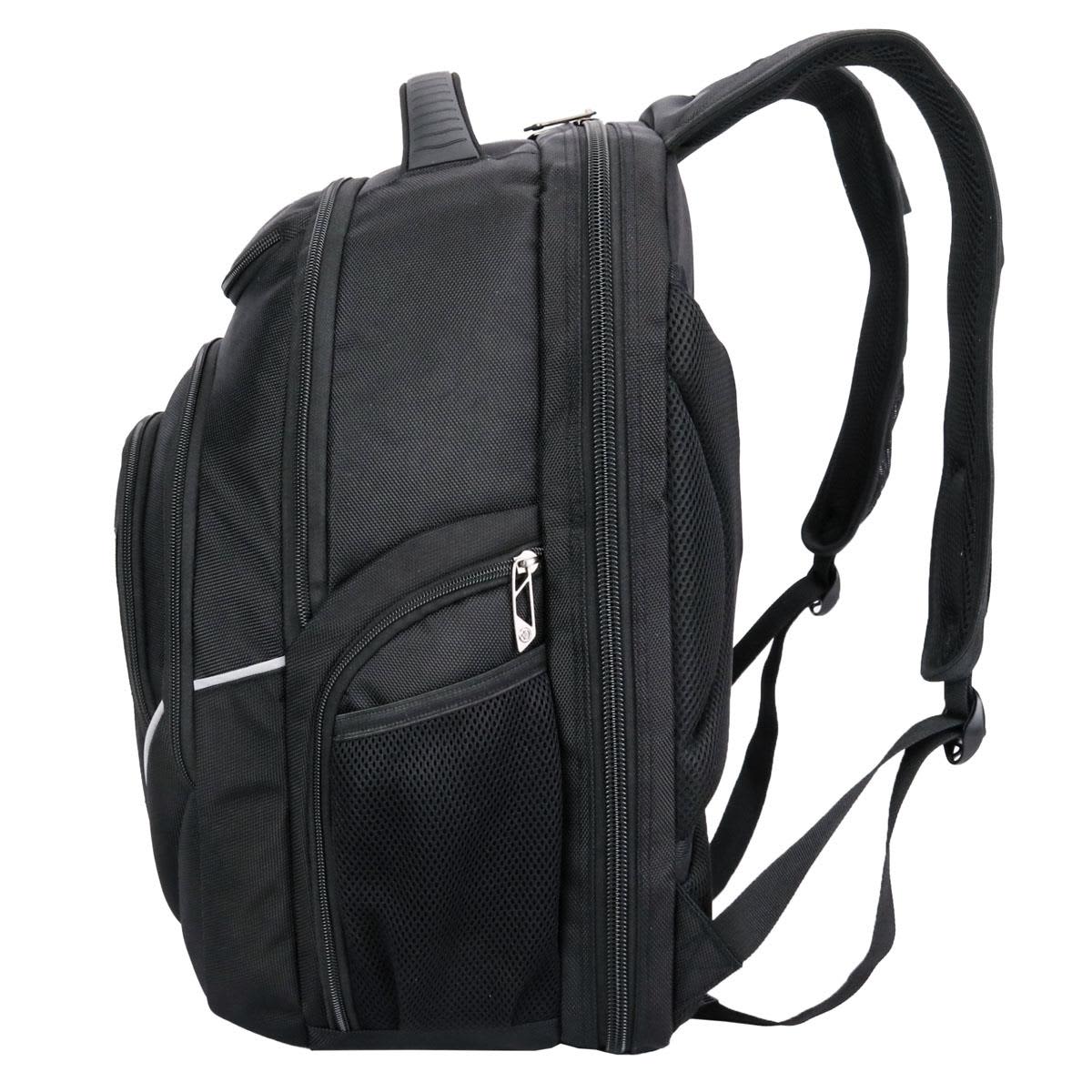 A black backpack with multiple compartments and adjustable straps, featuring a logo on the front.