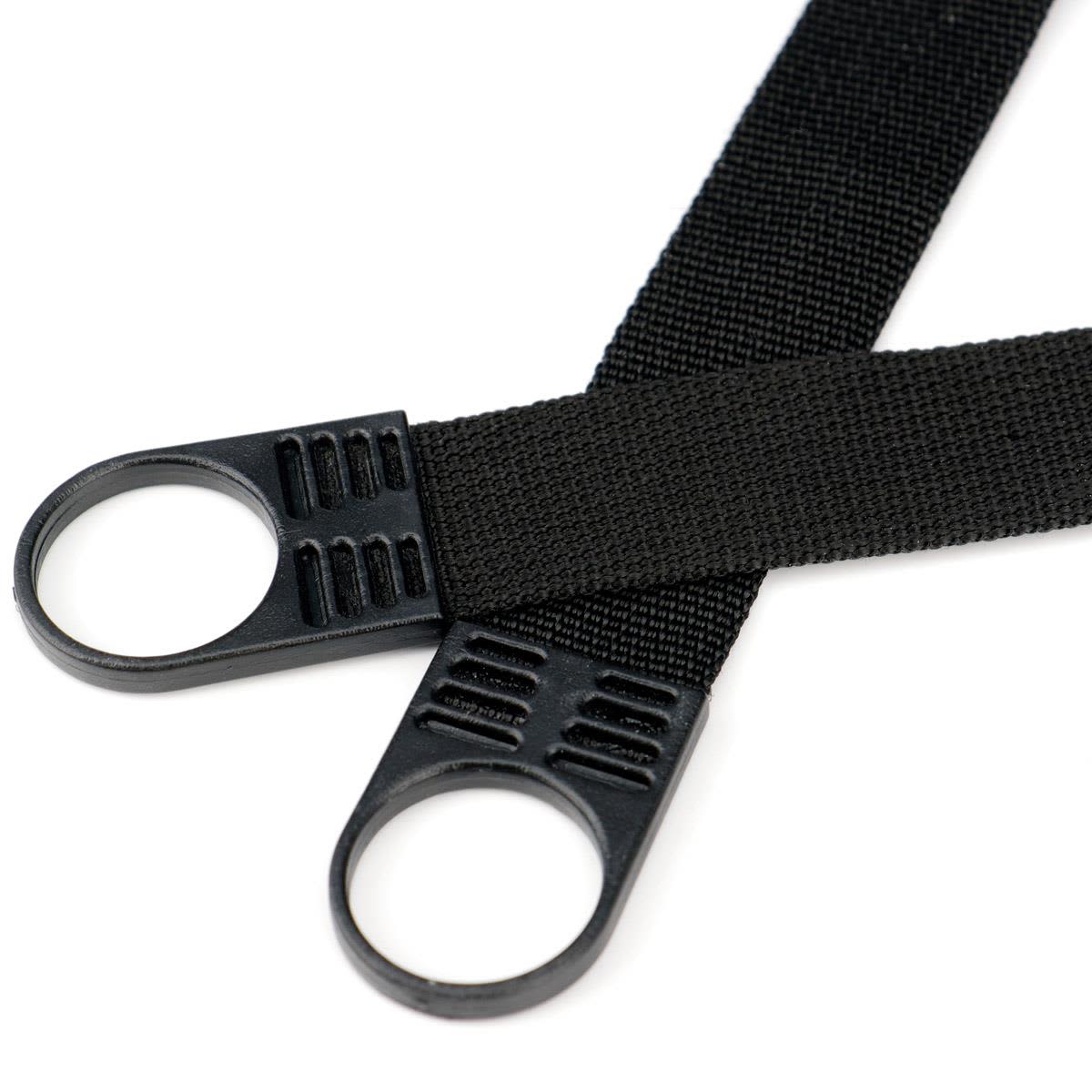 Black straps with round loops, featuring a textured grip. Suitable for various securing or fastening purposes.