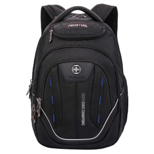 A black backpack with multiple compartments and zippers, featuring a branding logo and blue detailing.
